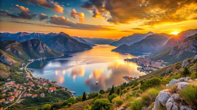 Boka Kotorska bay at sunset with a stunning panoramic view from a hilltop overlooking the crystal-clear waters and surrounding mountains of Montenegro