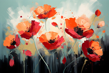 A digital illustration featuring colorful abstract flowers against a textured teal background
