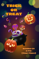 A cute 3D Halloween poster featuring a bubbling cauldron filled with colorful candy, jack-o-lantern, a spooky skull, and a floating eyeball. Perfect for invitations, party promos, or seasonal decor.