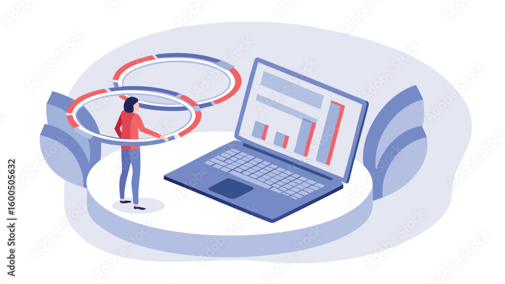 Poster person interacting with data visualization rings and laptop showing bar graph on a platform stage
