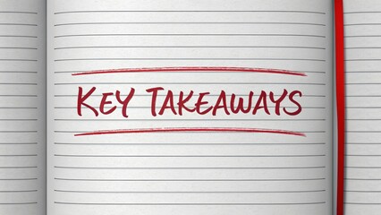 An open notebook with lined pages displaying the phrase "KEY TAKEAWAYS" written in red ink, emphasized by two red underline marks.