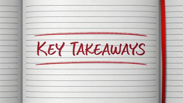 An open notebook with lined pages displaying the phrase "KEY TAKEAWAYS" written in red ink, emphasized by two red underline marks.