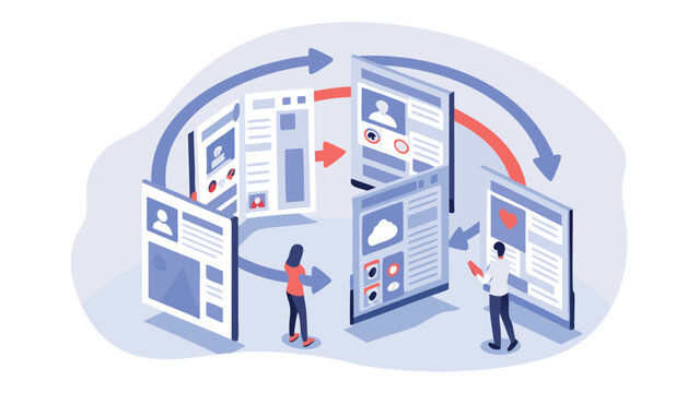 Illustration of people interacting with web pages and a network of arrows connecting them all