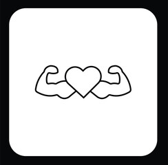 This icon displays a bold heart shape flanked by two flexing muscular arms, all in black outlines on a white rounded square. It symbolizes emotional resilience, physical strength, and overall wellnes.