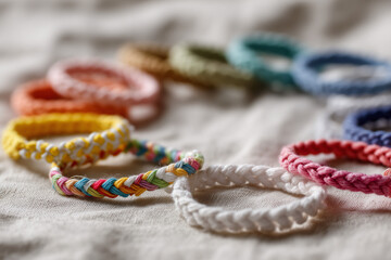 Friendship bracelets arranged in a circle on soft white background with copy space.
