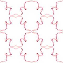 Seamless pattern with intertwining pink
ribbons forming a diamond-shaped ornament. Watercolor illustration for printing on packaging fabrics, wallpaper, covers.