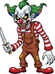 Scary evil clown with knife, horror cartoon character, creepy costume design, Halloween killer clown, twisted smile, terror face, striped outfit