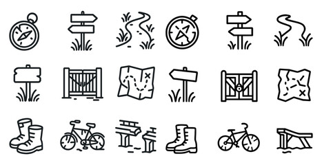 Hiking trail linear icons set – outline, adventure, navigation symbols