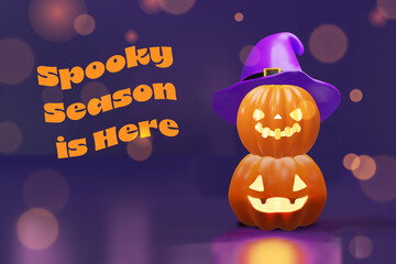 3D Halloween illustration featuring a glowing pumpkin stack with carved faces and a purple witch hat. Perfect for seasonal posters, invitations, and social media.
