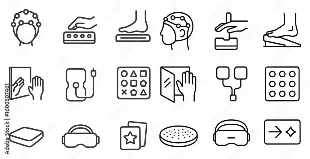 Poster virtual reality linear icons set – outline, digital, tech and simulation symbols