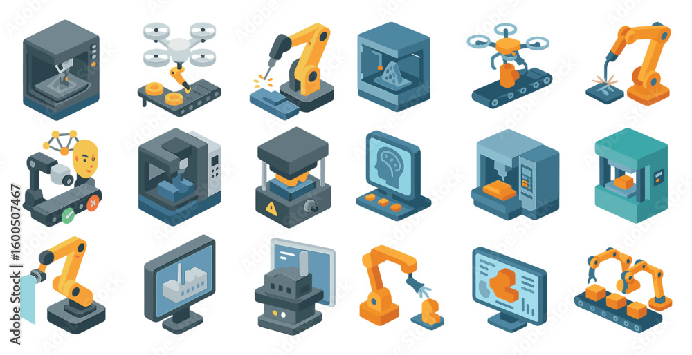 Poster 3d robotics icons set – isometric, automation and tech industry symbols