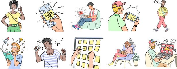 Fototapeta premium Diverse people engaging with technology mobile devices laptops reading writing planning communicating and relaxing together - vector illustration