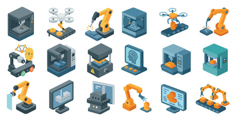 3d robotics icons set – isometric, automation and tech industry symbols