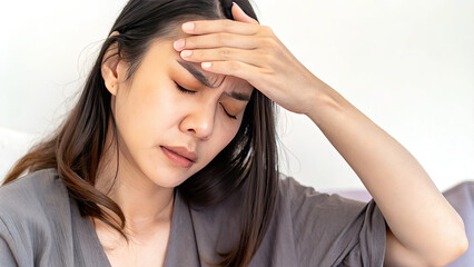 Weakness and dizziness in woman from anemia concept. A woman experiencing stress, with a hand on her forehead.