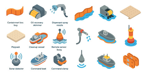 Naklejka premium Marine equipment isometric icons set – 3d, flat, ocean and underwater tools
