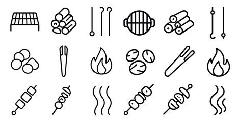 Bbq and grilling outline icons set – line, silhouette, barbecue and outdoor cooking symbols
