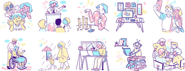 Diverse people and activities illustration showing community engagement teamwork and lifestyle moments in various scenes - vector illustration