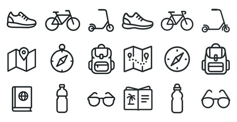 Travel and adventure icons set – outline, linear, map and journey symbols