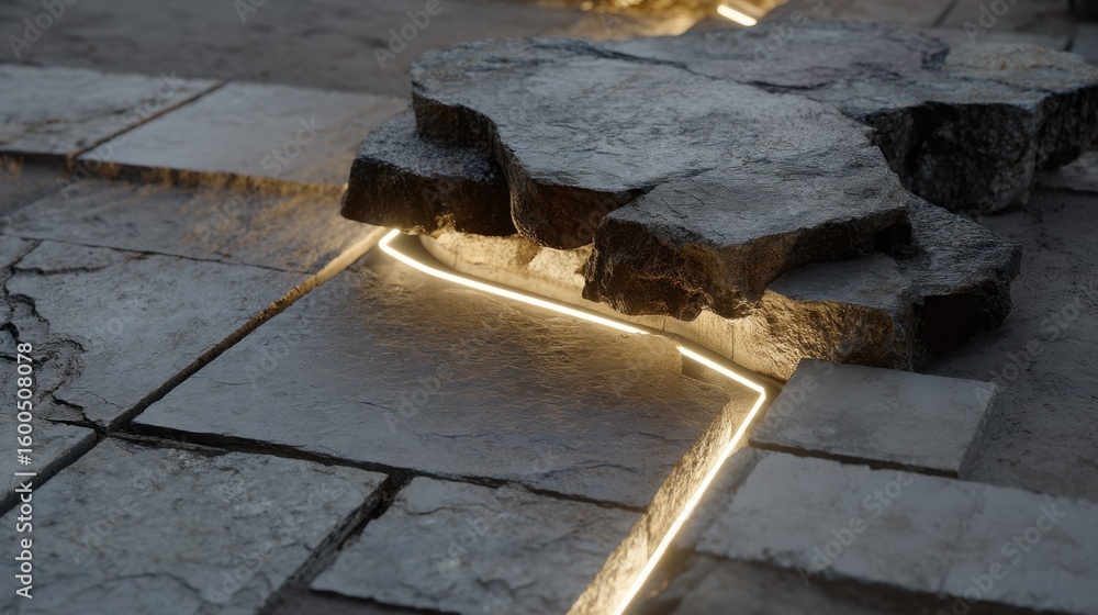 Poster installation process showcasing a robotic arm carefully positioning a flagstone layer alongside a lu