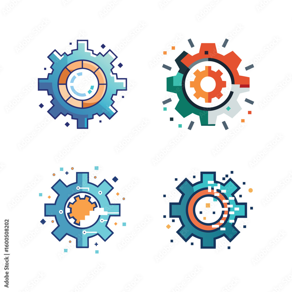 Poster digital transformation gear icon with pixelated elements symbolizing shift to digital business proce