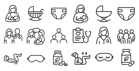 Parenting and baby care outline icons set – linear, minimalist, newborn essentials
