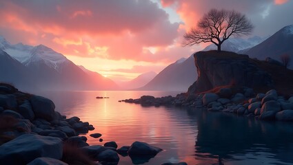 Majestic Sunset Over a Mountain Lake with a Solitary Tree