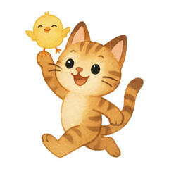 Obraz premium PNG Cute cat and chick illustration.