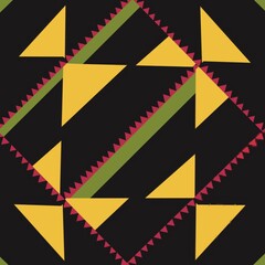 Seamless handdraw geometric pattern with yellow triangle and green stripe on black background modern abstract style