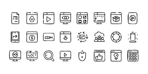  A line-style set of digital marketing web icons. Social media, networking, feedback, communication, marketing, and e-commerce. Vector illustrations.