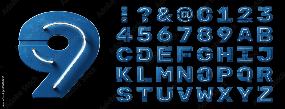Poster bright neon font with fluorescent tubes.metallic futuristic cyberpunk alphabet. 3d rendering isolate