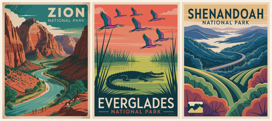 Set of National Parks posters in retro Mid-Century Modern style featuring Shenandoah, Zion, and Everglades. Bold, scenic vector art perfect for travel, wall decor, and nature lovers.