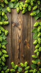Wooden background with a fresh green hop frame