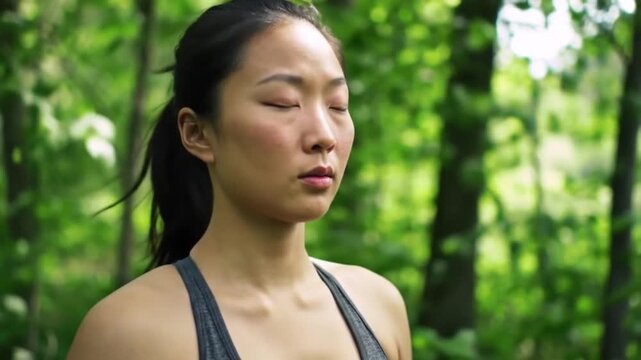 Meditative Asian Woman in Nature Breathing