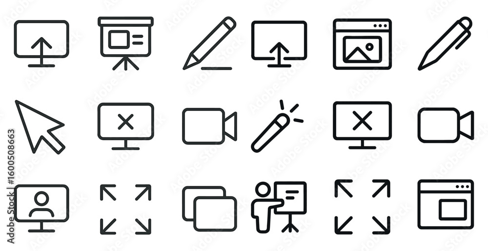 Poster digital content creation line icons set – outline, linear, multimedia and design tools