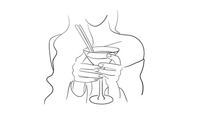 Girl holds a glass in her hands, continious line drawing. Alcoholic party outline. Vector illustration