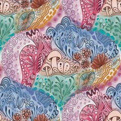Seamless handdraw pattern featuring whimsical mushrooms, flowers, leaves, and abstract shapes in pastel colors for creative backgrounds