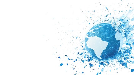 Abstract representation of earth dissolving into digital data streams and particles against a clean white background