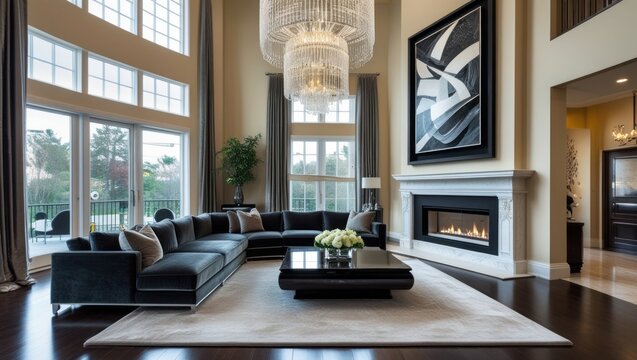Luxurious living room featuring a modern sectional sofa and a statement fireplace.