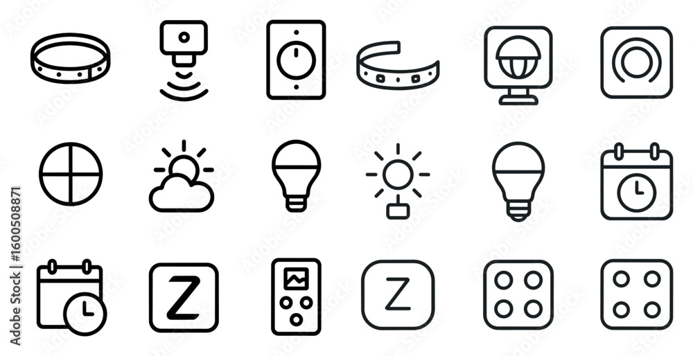 Poster smart home outline icons set – linear, connected devices and automation symbols