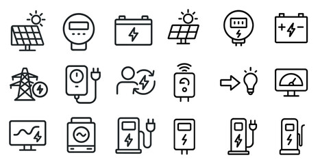 Renewable energy icons set: line, solar, eco-friendly power symbols