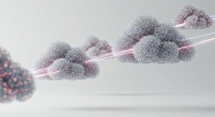 An abstract depiction of puffy gray clouds linked by glowing pink lines, suggesting data flow across a digital landscape. Subtle highlights