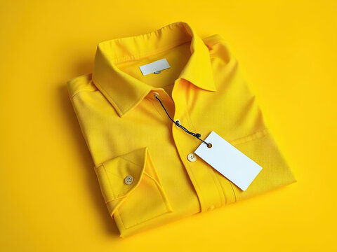 Neatly folded yellow shirt with blank white tag attached, placed on vibrant yellow background