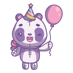 Cute panda with balloon winks. Vector illustration of funny panda character for birthday card