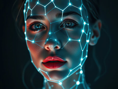 Futuristic portrait of woman with glowing blue geometric patterns on her face, symbolizing technology and innovation