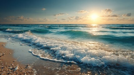 Sunrise over ocean waves lapping beach
