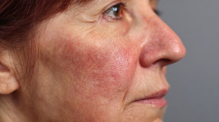 Fototapeta premium Side profile of a patient with intensely reddened cheeks and matte dry skin texture illustrating key toxic syndrome signs.