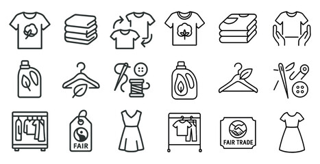 Sustainable fashion outline icons set – linear, eco-friendly, clothing symbols
