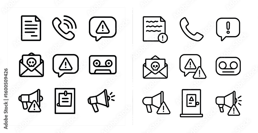 Poster warning and alert icons set - outline, linear, notification and caution symbols