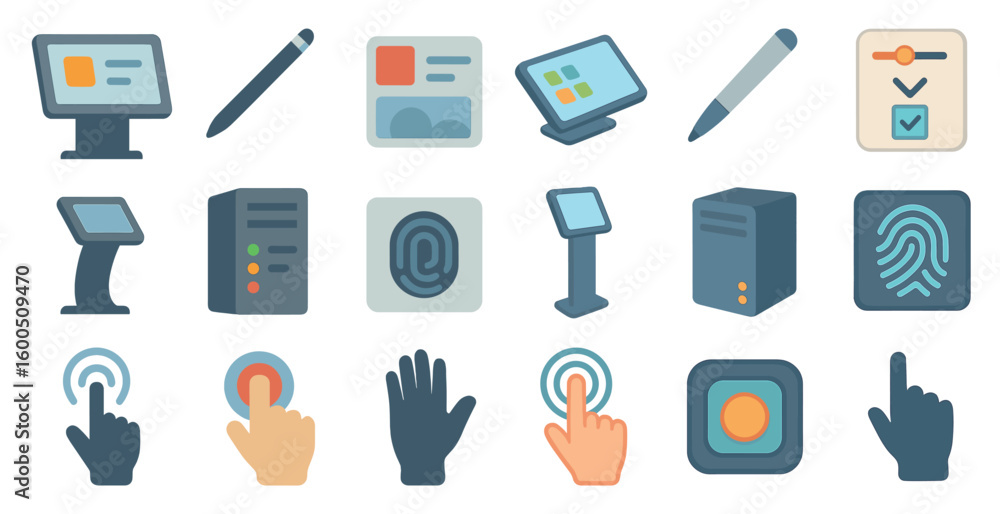 Poster technology and interface flat icons set – digital, user interaction symbols
