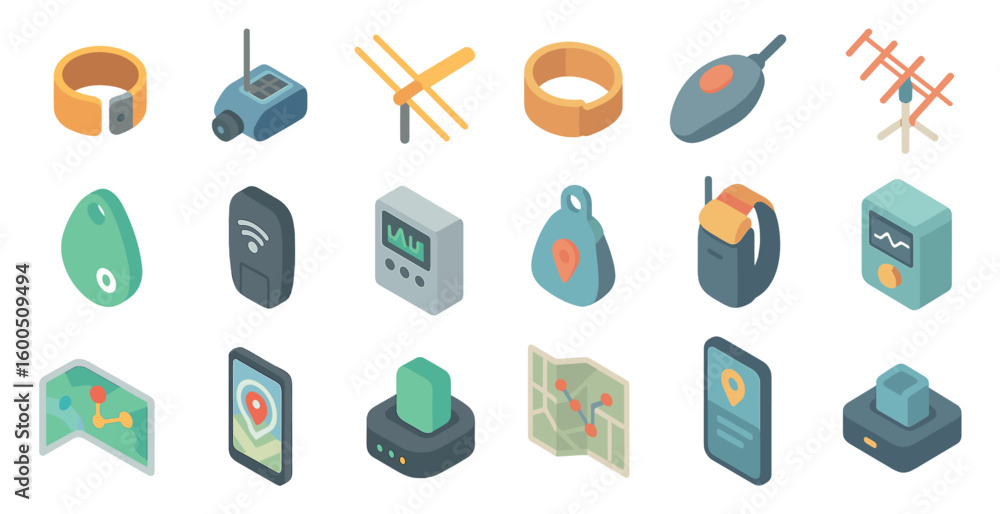 Poster gps and navigation isometric icons set – location, tracker, map symbols